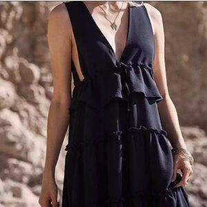 SAGE THE LABEL - Demeter Tiered Midi A-Line Dress Size S Navy Blue